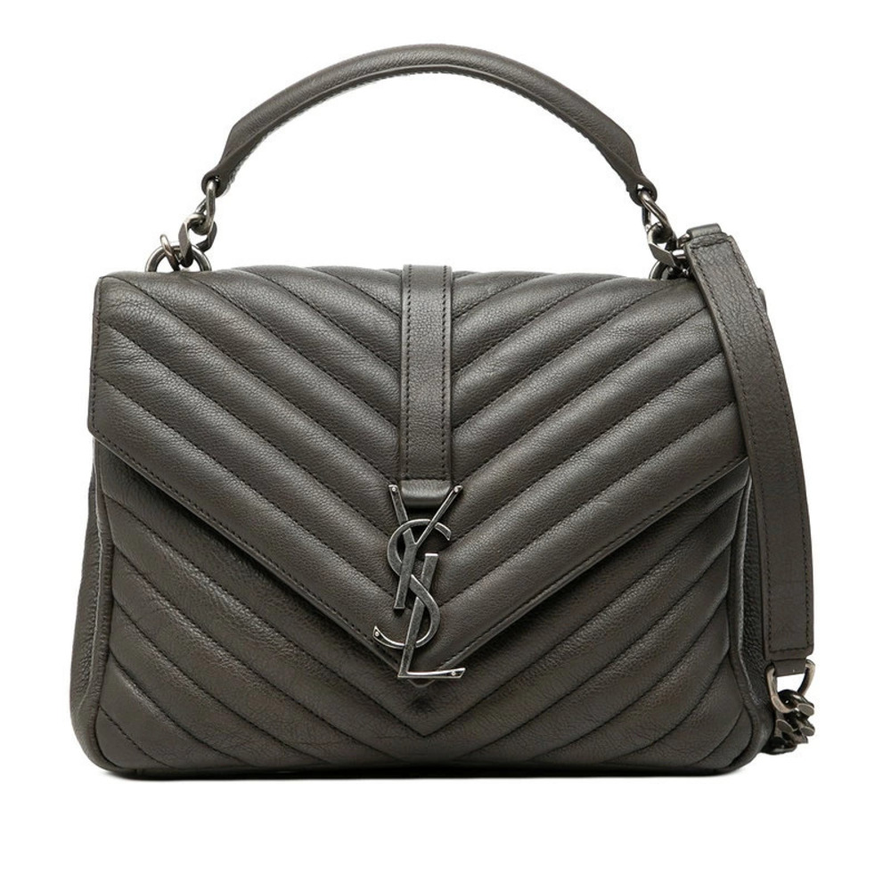 Saint Laurent YSL Monogram College Quilted 2way Shoulder Bag Gray Leather